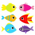 Cute fish icon set. Cartoon kawaii funny character. Baby kids collection. Aquarium sea ocean animals. Marine life. White Royalty Free Stock Photo