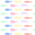 Cute fish icons showing aquatic animals with various fins, scales, tails and gills swimming in water. Good for kids book, fabric o