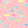 Cute Fish In Pastel Multicolor Repeat Vector Pattern On A Pink Sparkly Backdrop