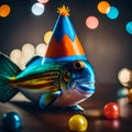 Cute fish wearing party hat - ai generated image