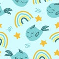 Cute fish whale vector seamless pattern with rainbow, stars, waves. hand drawn. illustration for childrens wallpaper, wrapping Royalty Free Stock Photo