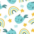 Cute fish whale vector seamless pattern with rainbow, stars, waves. hand drawn. illustration for childrens wallpaper, wrapping Royalty Free Stock Photo