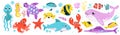 Cute fishes and underwater animals, nature of sea. Cartoon isolated funny aquatic characters, happy whale and octopus Royalty Free Stock Photo