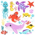 Cute fishes and underwater animals, nature of sea waters set, funny aquatic characters Royalty Free Stock Photo