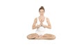 Cute fitness woman exercising yoga sitting in lotus pose and smiling after that on white background.