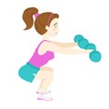 Cute fitness woman squatting with dumb-bells