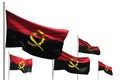 Cute five flags of Angola are wave isolated on white - any feast flag 3d illustration