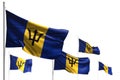 Cute five flags of Barbados are waving isolated on white - photo with selective focus - any feast flag 3d illustration