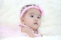Cute five months asian baby in pink dress., on soft carpe