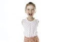 cute five year old caucasian girl yell isolated on white. Royalty Free Stock Photo