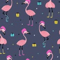 Cute flamingo in red hat background