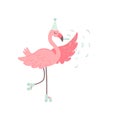 Cute Flamingo Rollerblading Wearing Party Hat, Beautiful Exotic Bird Character Vector Illustration