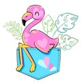 Cute Flamingo sits in a pocket childish print. Children`s theme for textiles, fashion. Trends summer prints vector illustration