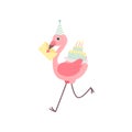 Cute Flamingo Wearing Party Hat Running with Birthday Cake and Greeting Card, Beautiful Exotic Bird Character Vector