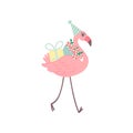 Cute Flamingo Wearing Party Hat Walking with Bouquet of Flowers and Gift Box, Beautiful Exotic Bird Character Vector