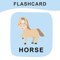 Cute horse flashcard. Cute farm animal flashcard. Educational printable card. Colorful printable flashcard. Vector illustration