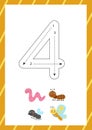 Cute flashcard how to write number 4. Worksheet for kids. Royalty Free Stock Photo