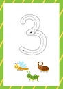 Cute flashcard how to write number 3. Worksheet for kids.