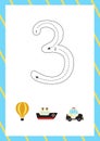 Cute flashcard how to write number 3. Worksheet for kids. Royalty Free Stock Photo