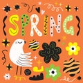 Cute flat abstract hand drawn spring greeting card with daisy flowers and bird icons and design elements set on orange Royalty Free Stock Photo