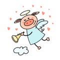 Cute piggy cupid flies in the sky around many hearts. Vector love and Valentine`s Day flat animal illustration card