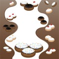 Cute flat cartoon page template with many cinds of doughnuts