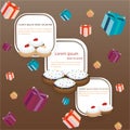 Cute flat cartoon page template with many cinds of doughnuts