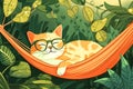 A cute flat character of a sleepy kitten lies in a hammock wearing sunglasses.Generative AI illustration.