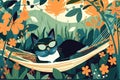 A cute flat character of a sleepy kitten lies in a hammock wearing sunglasses.Generative AI illustration.