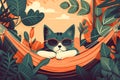 A cute flat character of a sleepy kitten lies in a hammock wearing sunglasses.Generative AI illustration.