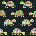 Cute, flat, colorful turtles follow each other, look in different directions on a dark background with grass. Seamless vector orna
