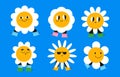 Cute flat daisy character set, fun camomile decorative design with legs. Pretty flower baby for print design