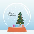 Cute flat design merry christmas greeting card with christmas tree and presents inside snowglobe