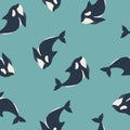 Cute flat killer whale seamless pattern. Adorable little cartoon orca vector illustration. Childish ornament for textile, fabric, Royalty Free Stock Photo