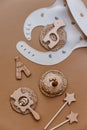 Cute flat Lay composition, Baby birthday concept. Top view background with newborn