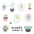 Cute flat style cards, postcards, templates, posters with cactus, succulents in kawaii pots