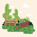 Cute flat style garden with a wheelbarrow Vector