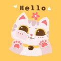 Cute flat vector fluffy pink cat face close on clear mirror on yellow background