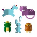 Cute flat vector illustration of magical animals - Cheshire Cat, unicorn, illusionist rabbit, owl and prince frog with