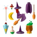 Cute flat vector set of witch, witchcraft items - flying young witch on a broomstick, bottles of poison, boiled poison