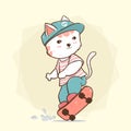 Cute flat vector skate boy cat on skateboard, idea for greeting card, children kid stuff printcute flat vector skate boy cat on Royalty Free Stock Photo