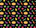 Cute flat vegetables pattern on black background vector