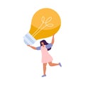 Cute flat woman holding bulb over her head. She has cool idea. Vector people have business idea or something. The Royalty Free Stock Photo