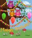 A cute flirtatious owl sits on a tree decorated with garlands, balloons, a postcard, a cartoon children's style Royalty Free Stock Photo