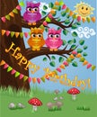 A cute flirtatious owl sits on a tree decorated with garlands, balloons, a postcard, a cartoon children's style Royalty Free Stock Photo