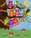 A cute flirtatious owl sits on a tree decorated with garlands, balloons, a postcard, a cartoon children's style, spring Royalty Free Stock Photo