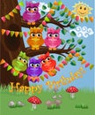 A cute flirtatious owl sits on a tree decorated with garlands, balloons, a postcard, a cartoon children's style, spring Royalty Free Stock Photo