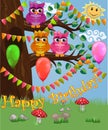 A cute flirtatious owl sits on a tree decorated with garlands, balloons, a postcard, a cartoon children's style, spring Royalty Free Stock Photo