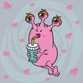 cute Flirty pink three-eyed girl alien in space with a glass, surrounded by hearts, drinks a drink . vector color illustration