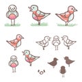 Cute flock of songbirds in silhouette, lineart and front, side view